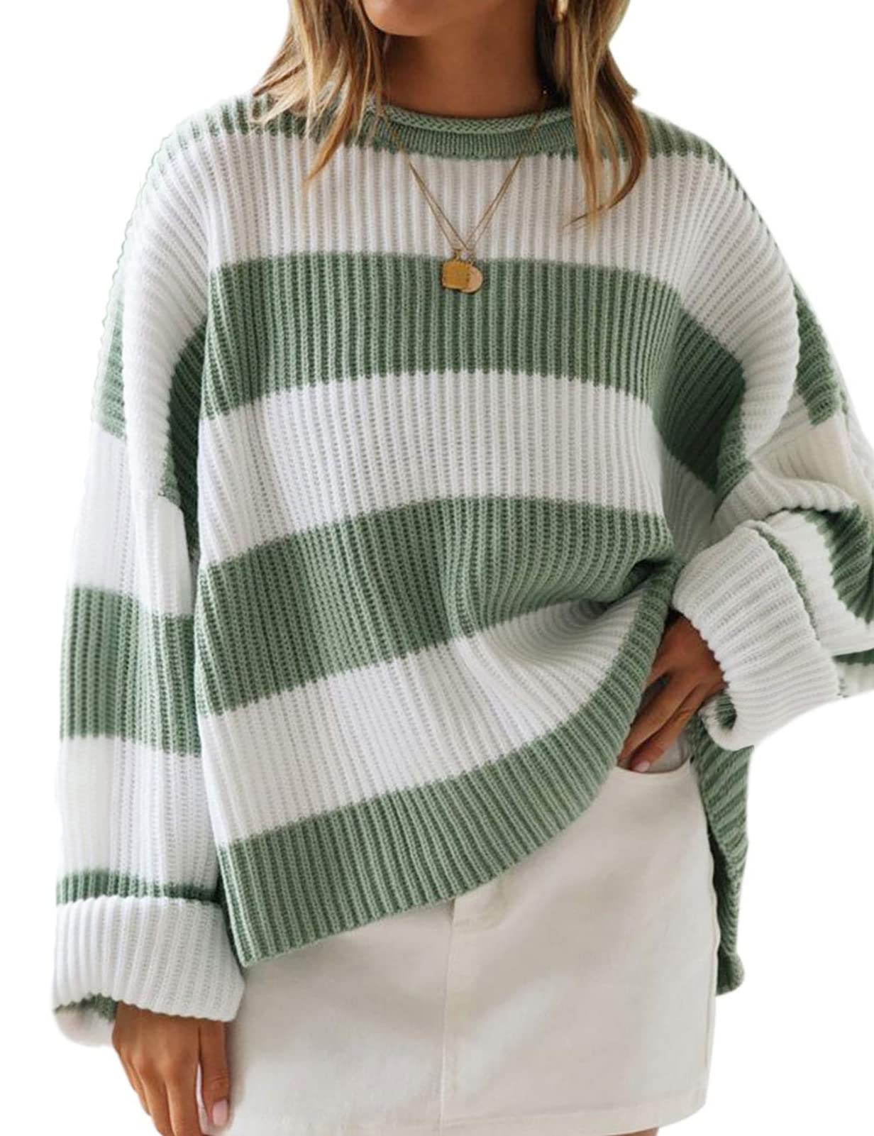 Hawkko Women's Long Sleeve Crew Neck Striped Color Block Comfy Loose Oversized Knitted Pullover Sweater