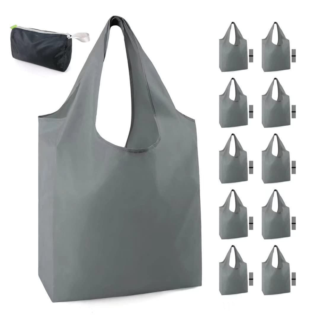 Hawkko Grey Reusable Shopping Bags for Groceries 10 Pack Reusable Grocery Bags Washable Foldable 50LBS folding with Zipper Carry Pouch Tote Gift Bags Durable Lightweight Polyester [B088R6XY5G]