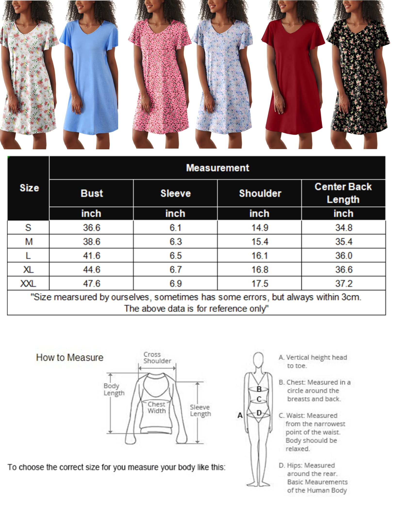 Hawkko 2 Pack Nightgowns for Women Flare Short Sleeve Sleepshirt V Neck Sleepwear Plain/Floral Print Pajama Dress